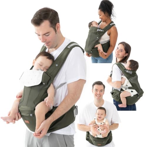 6-in-1 Baby Carrier with Hip Seat, Ergonomic Newborn to Toddler Carrier 7–50 lbs, Front Back Hip Carry, Lumbar Support, Sun Hood, Safety-Certified, Seaweed Green