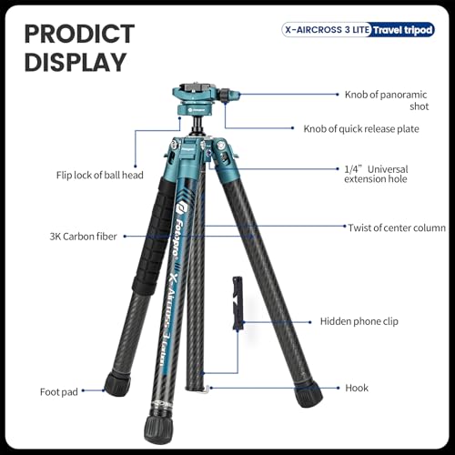 Carbon Fiber Tripod 60 Inch 360 Degree Ball Head Quick Release Plate Lightweight Travel Tripod