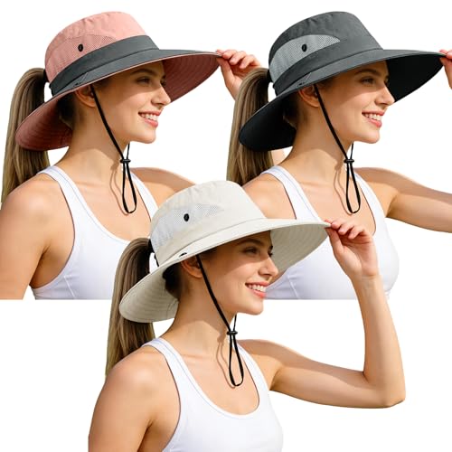 Ponytail Sun Bucket Hats for Women UV Protection Foldable Wide Brim