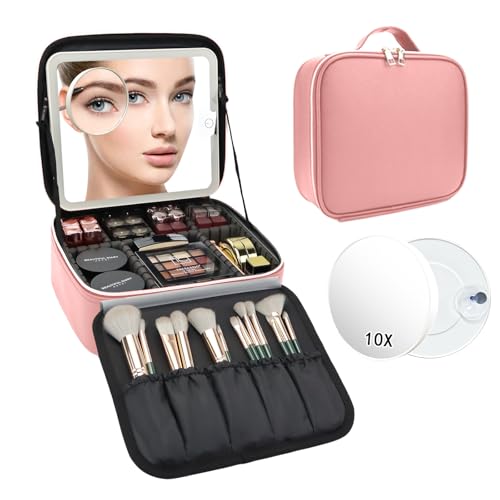 Travel Makeup Bag with LED Mirror and 10x magnifying glass with 3 Lighted Settings