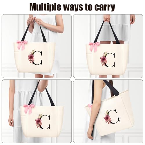 Tote Bag, A-Z Initial Monogrammed Waterproof Tote Bag, Bridesmaid Gifts for Women, Black and Pink (C, Beige)