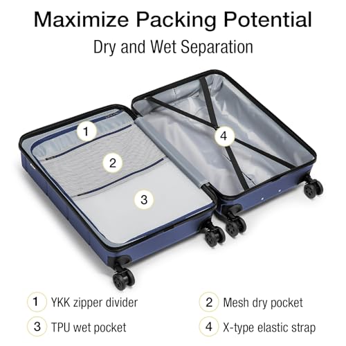 24 Inch Luggage TSA Approved Hardshell Suitcases with Spinner Wheels Durable PC+ABS Medium Checked Travel Luggage for Women Men Navy