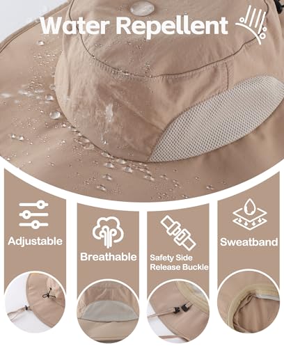 UPF50+ Mens Sun Hat Wide Brim Fishing Hat Airy Mesh UV Protection Portable Bucket Sun Hat Milky Khaki