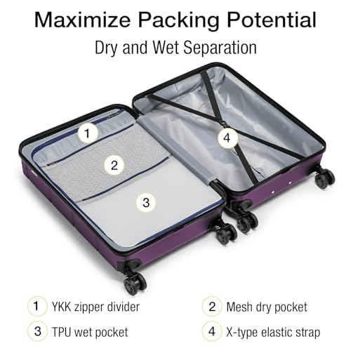 Carry On Luggage 22x14x9 Airline Approved with TSA Lock Hardshell Expandable 20 Inch Luggage Carry On Suitcase with Wheels Small Travel Rolling Luggage with Cup Holder for Women Dark Purple