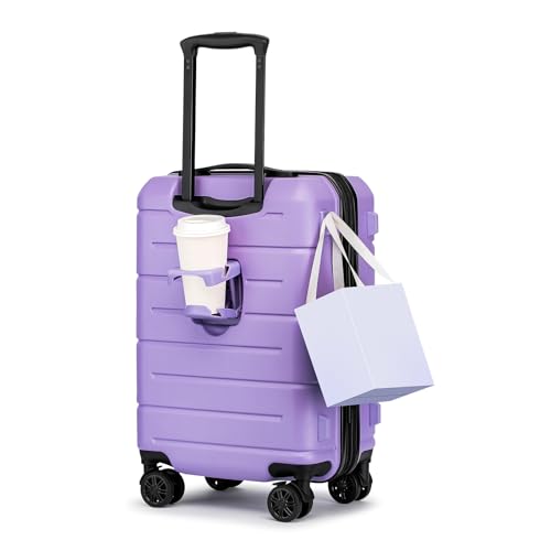 Carry On Luggage 22x14x9 Airline Approved with TSA Lock Hardshell Expandable 20 Inch Suitcase Carry On Suitcase with Wheels Small Travel Rolling Luggage with Cup Holder for Women Lt Purple
