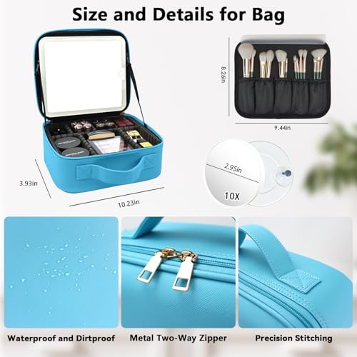 Travel Makeup Bag with LED Mirror and 10x magnifying glass with 3 Lighted Settings