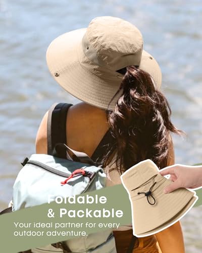 Womens Sun Hat with Ponytail Hole Beach Hiking Summer Wide Brim UPF 50+ Outdoor Protection Foldable Bucket Hat Khaki