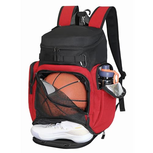 Large Basketball Backpack Sports Gym Bag with Ball Holder Ventilated Shoe Compartment Insulated Cooler Pockets Reflective Strips Fence Hook for Men Athletic Training
