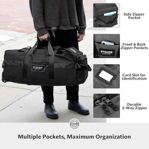 45/80/100L Rolling Duffel Bag with Wheels, Large Durable Travel Duffle + Toiletry Bag, Heavy Duty, Packable, Foldable with Shoulder Straps- Use as Luggage or Backpack, Men/Women (Black)