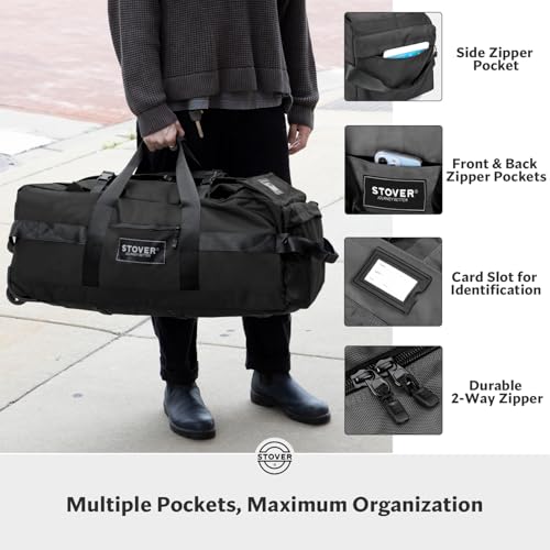 45/80/100L Rolling Duffel Bag with Wheels, X-Large Durable Travel Duffle + Toiletry Bag, Heavy Duty, Packable with Shoulder Straps- Use as Luggage or Backpack, Men/Women (Black)