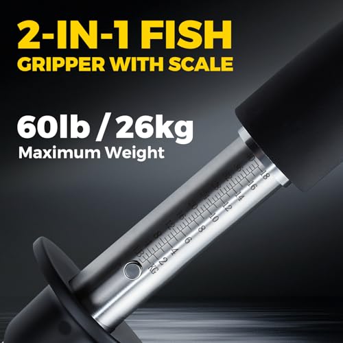 2-in-1 Fish Lip Gripper, 15.8" Stainless Steel Fish Gripper with Scale, 60lb Weighing Fish Grabber, 360° Non-Slip Swivel Handle, Tool for Saltwater & Freshwater