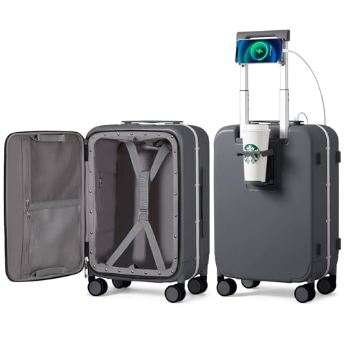Carry On Luggage with Cup Phone Holder and Charger Hard Shell Suitcases with Spinner Wheels