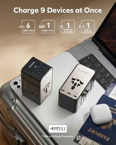 9-in-1 High-Power Universal Travel Adapter, 205W GaN Worldwide Charging Hub with 6 USB-C & 1 USB-A, AC Outlet, Type A/C/G/I Plugs for 200+ Countries, Safe for Laptops, Phones, Cruise Ready