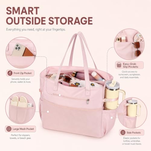 Waterproof Beach Tote Pool Bags for Women Ladies Extra Large Carry On Bag With Wet Compartment for Weekender Travel
