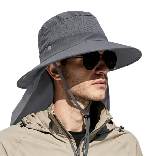 Outdoor Sun Hats with Stowable Neck Flap for Men Women UPF 50+ Mesh Summer Bucket Hat Wide Brim for Fishing Safari Hiking Dark Grey