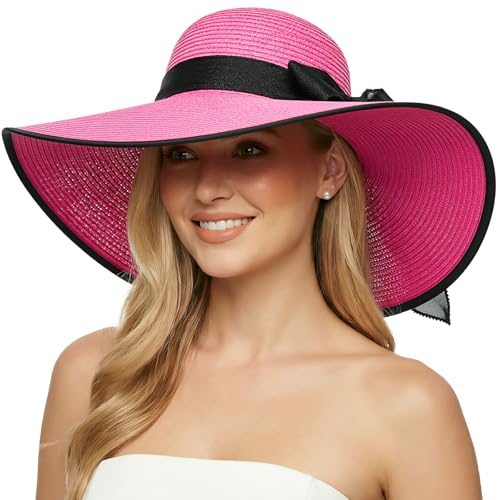 Womens Bowknot Straw Hat Foldable Beach Sun Hat Roll up UPF 50+