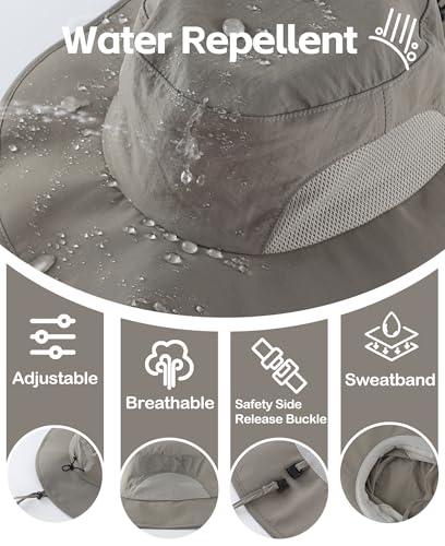 UPF50+ Mens Sun Hat Wide Brim Fishing Hat Sun Protection Cap for Men Women Portable Airy Mesh Beach Bucket Hat Cool Grey