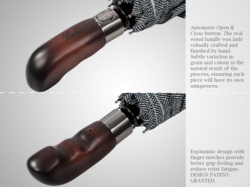 Folding Umbrella Real Wood Handle Herringbone Classic Black