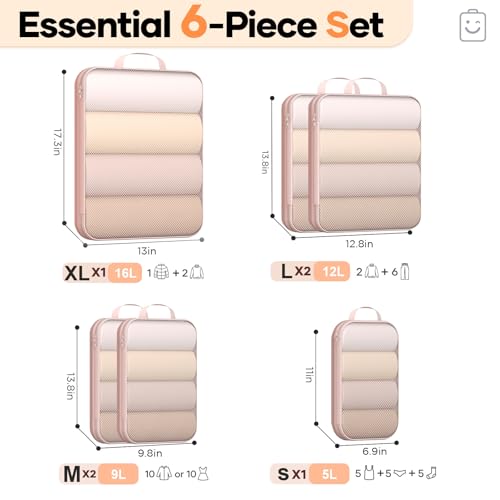6/9/11 Set Compression Packing Cubes for Travel Essentials,Compressible Expandable Large Luggage Suitcase Organizer Bags for Clothing,Space Saver Bags with Over 1000 pcs of Mesh Holes(Beige) (6 Count)