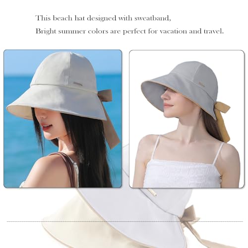 Wide Brim Hats for Woman Foldable Hats Sun Hats for Women uv Protection Bowknot Fishing hat Adjustable hat with Ponytail Hole Beige