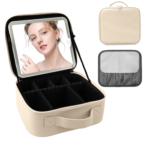 Travel Makeup Bag with LED Mirror and Light Makeup Travel Bag Organizer Portable Cosmetic Brush Organizer Bag with Adjustable Dividers for Cosmetics Makeup Brushes Toiletry