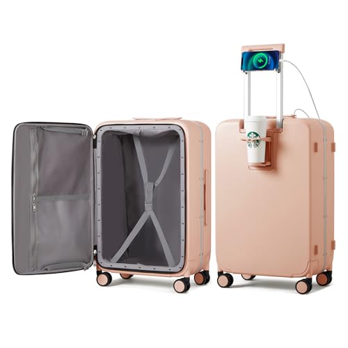 Large Checked Luggage with Cup Phone Holder and Charger Hard Shell Suitcases with Spinner Wheels