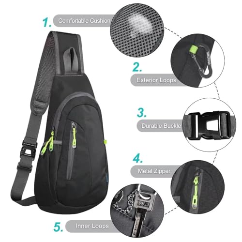 Small Sling Bag Lightweight Crossbody Bag for Women Men Hiking Backpack Travel Shoulder Bag Chest Daypack for Gym Work Outdoor Sports Black