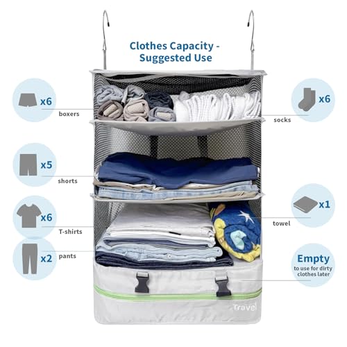 Stow-N-Go Hanging Travel Shelves, Packing Organizer for Luggage. Carry on Closet for Suitcase. Expandable Packing Cube. Travel Essentials. (Light Gray - XL, XL = (L) 17.7" x (W) 11.8")