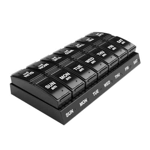 Weekly (7-Day) AM/PM Pill Organizer, Small Medicine Planner, Black