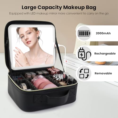 Travel Makeup Bag with LED Mirror and Light Travel Makeup Case Cosmetic Organizer Portable Cosmetic Brush Organizer Bag with Adjustable Dividers for Cosmetics Makeup Brushes Toiletry