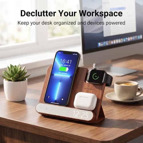 3-in-1 Walnut Wood Wireless Charging Station with Clock, 15W Fast Foldable Charger Stand, Charging Dock for iPhone 17/16/15/14/13/12, Apple Watch Ultra/10/9/8, AirPods, Nightstand Charger,Gift for Men