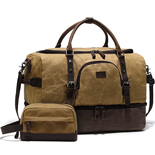 Nerlion Weekender Bag with Shoe Compartment Large Overnight Bag for Men Canvas Genuine Leather Carry on Luggage Bag Travel Duffel Bag