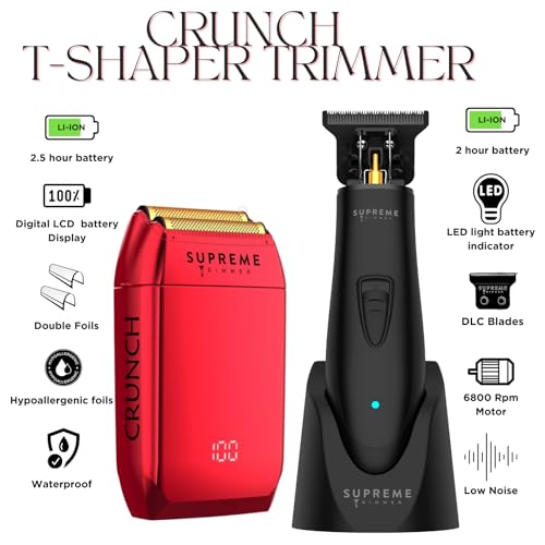 2-in-1 DLC T-Shaper Trimmer & Crunch Foil Shaver | STF602 Electric Razor & ST5206 Beard Trimmer Barber Haircut Kit | Red