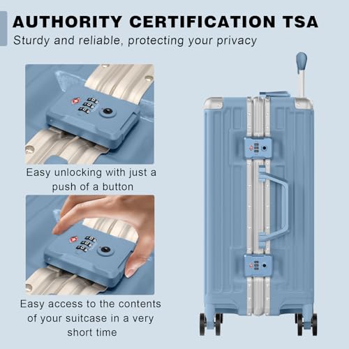 Luggage PC+ABS Aluminum Frame Zipperless Checked Luggage Hard Shell Suitcase with TSA Lock Double Spinner Wheels 24 Inch Haze Blue