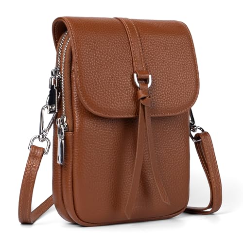 Brown Genuine Leather Small Crossbody Bags for Women Cell Phone Purse