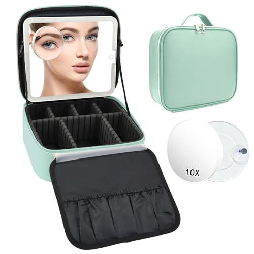 Travel Makeup Bag with LED Mirror and 10x magnifying glass with 3 Lighted Settings