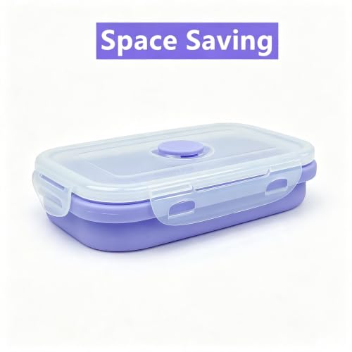 Purple Collapsible Meal Prep Containers Camping Bowls Silicone Bento Box with Airtight Plastic Lid