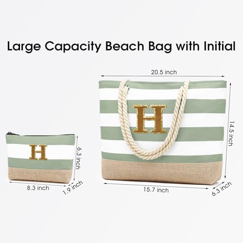 Beach Bag Initial Beach Tote with Makeup Bag for Travel