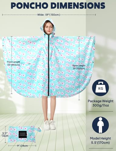 Waterproof Rain Poncho for Women Packable Hooded Raincoat with Pocket