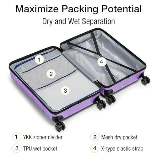 Carry On Luggage 22x14x9 Airline Approved with TSA Lock Hardshell Expandable 20 Inch Suitcase Carry On Suitcase with Wheels Small Travel Rolling Luggage with Cup Holder for Women Lt Purple