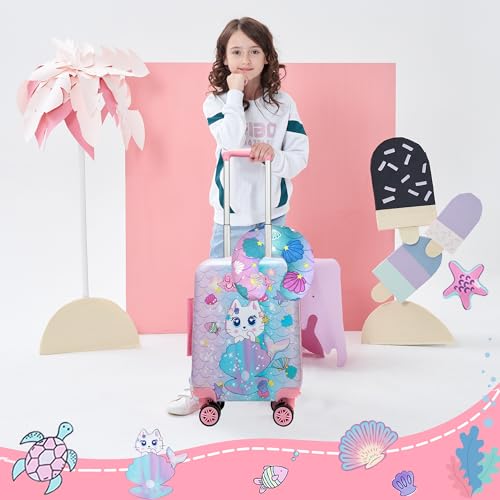 Cute Cat Kid’s Luggage Set 2 Piece Suitcase Set 16" Hardside Luggage with Spinner Wheels Girls Carry on Toddler Travel Rolling Luggage Airline Approved (2 Count)