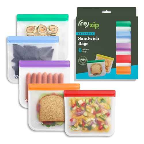 re) zip Reusable Sandwich Bags, Leakproof, 28 oz, 5-Pack, Jewel Tones (5 Count)