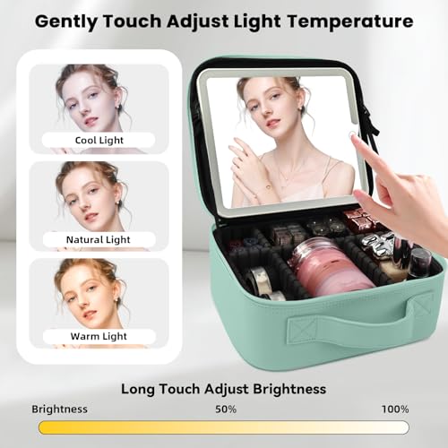 Travel Makeup Bag with LED Mirror and Light Makeup Travel Bag Organizer Portable Cosmetic Brush Organizer Bag with Adjustable Dividers for Cosmetics Makeup Brushes Toiletry