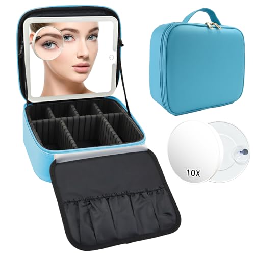 Travel Makeup Bag with LED Mirror and 10x magnifying glass with 3 Lighted Settings