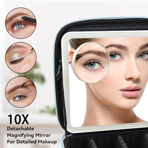 Travel Makeup Bag with LED Mirror and 10x magnifying glass with 3 Lighted Settings