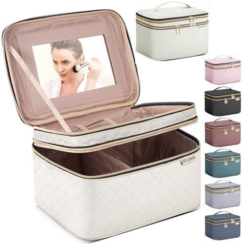 Large Makeup Bag with Mirror Double Layer Travel Make Up Organizer Case