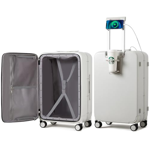 Large Checked Luggage with Cup Phone Holder and Charger Hard Shell Suitcases with Spinner Wheels