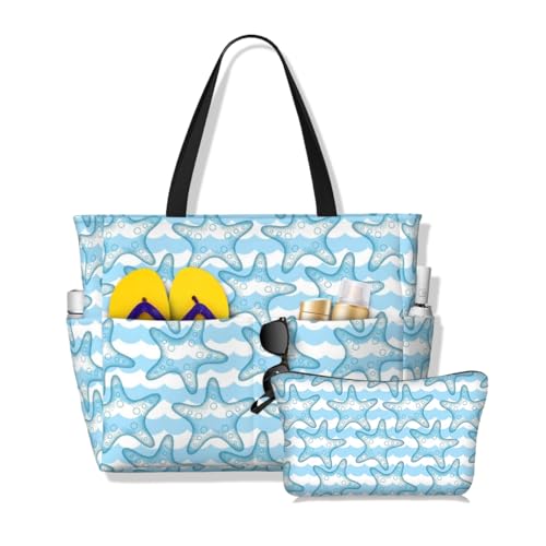 Waterproof Beach Tote Pool Bags for Women Ladies Extra Large Gym Tote Carry On Bag Wave starfish With Wet Compartment for Weekender Travel