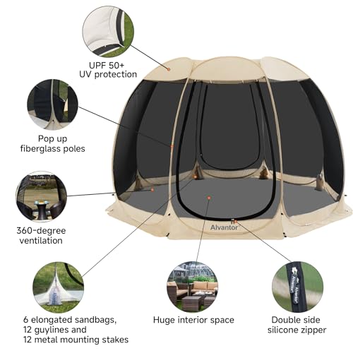 Screen House Room Camping Tent Outdoor Canopy Pop Up Sun Shade Shelter 8 Mesh Walls Not Waterproof Beige 12'x12' Patent Pending