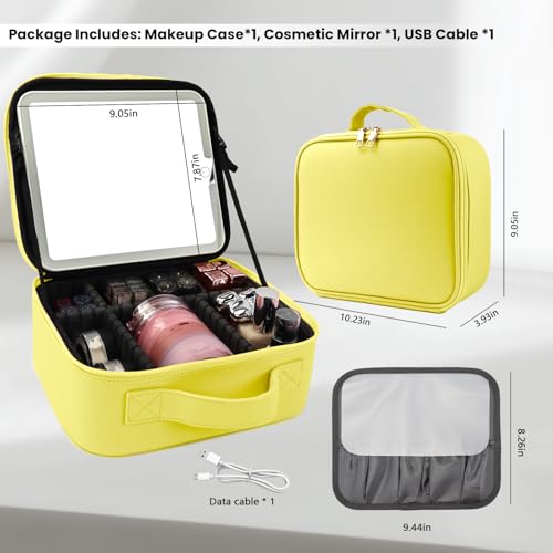 Travel Makeup Bag with LED Mirror and Light Travel Makeup Case Cosmetic Organizer Portable Cosmetic Brush Organizer Bag with Adjustable Dividers for Cosmetics Makeup Brushes Toiletry
